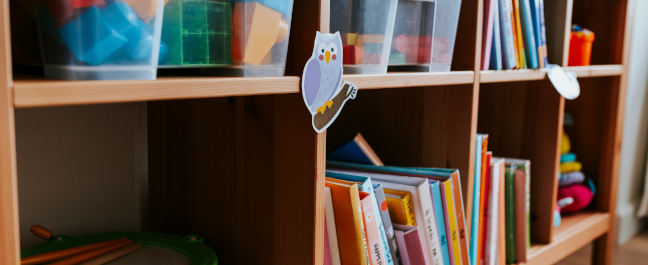 a shelving unit with boxes of toys and children's books stored on them